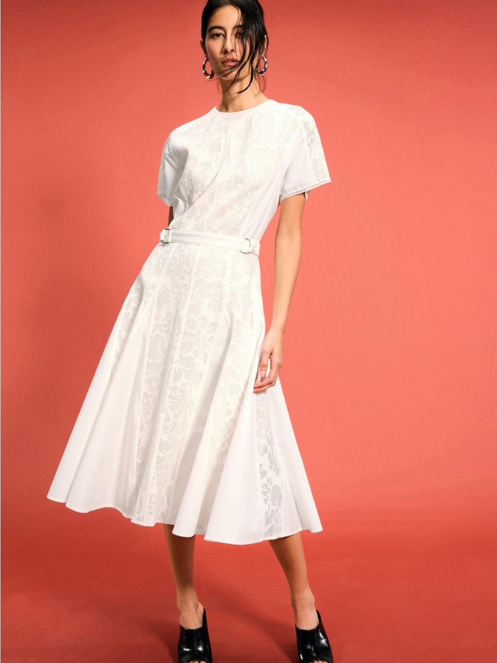 Elegant White Lace-Inset Midi Dress with Self Belt